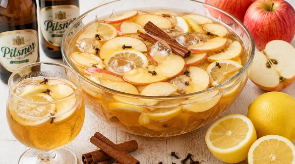 Große Glasschüssel mit Bierbowle, Apfel- und Zitronenscheiben.