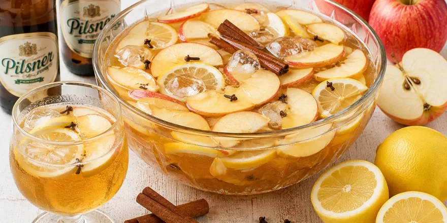 Große Glasschüssel mit Bierbowle, Apfel- und Zitronenscheiben.