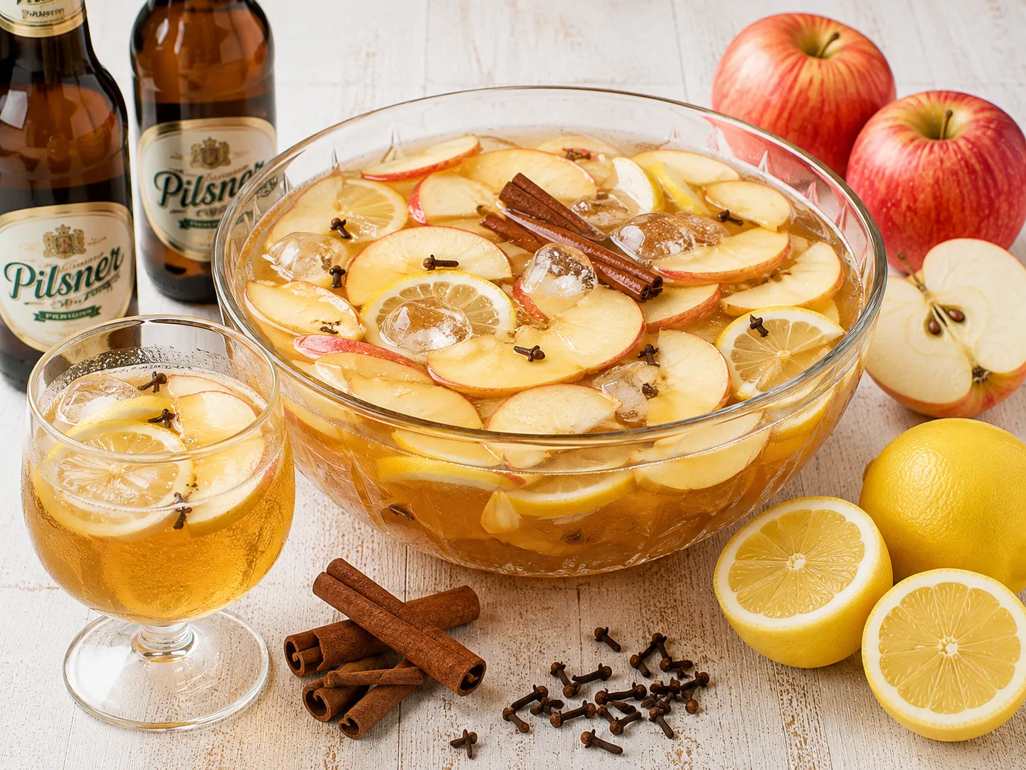 Große Glasschüssel mit Bierbowle, Apfel- und Zitronenscheiben.