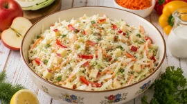Cremiger Weißkrautsalat mit Apfel, Möhren und Paprika in einer großen Schüssel.