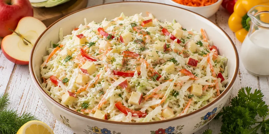 Cremiger Weißkrautsalat mit Apfel, Möhren und Paprika in einer großen Schüssel.