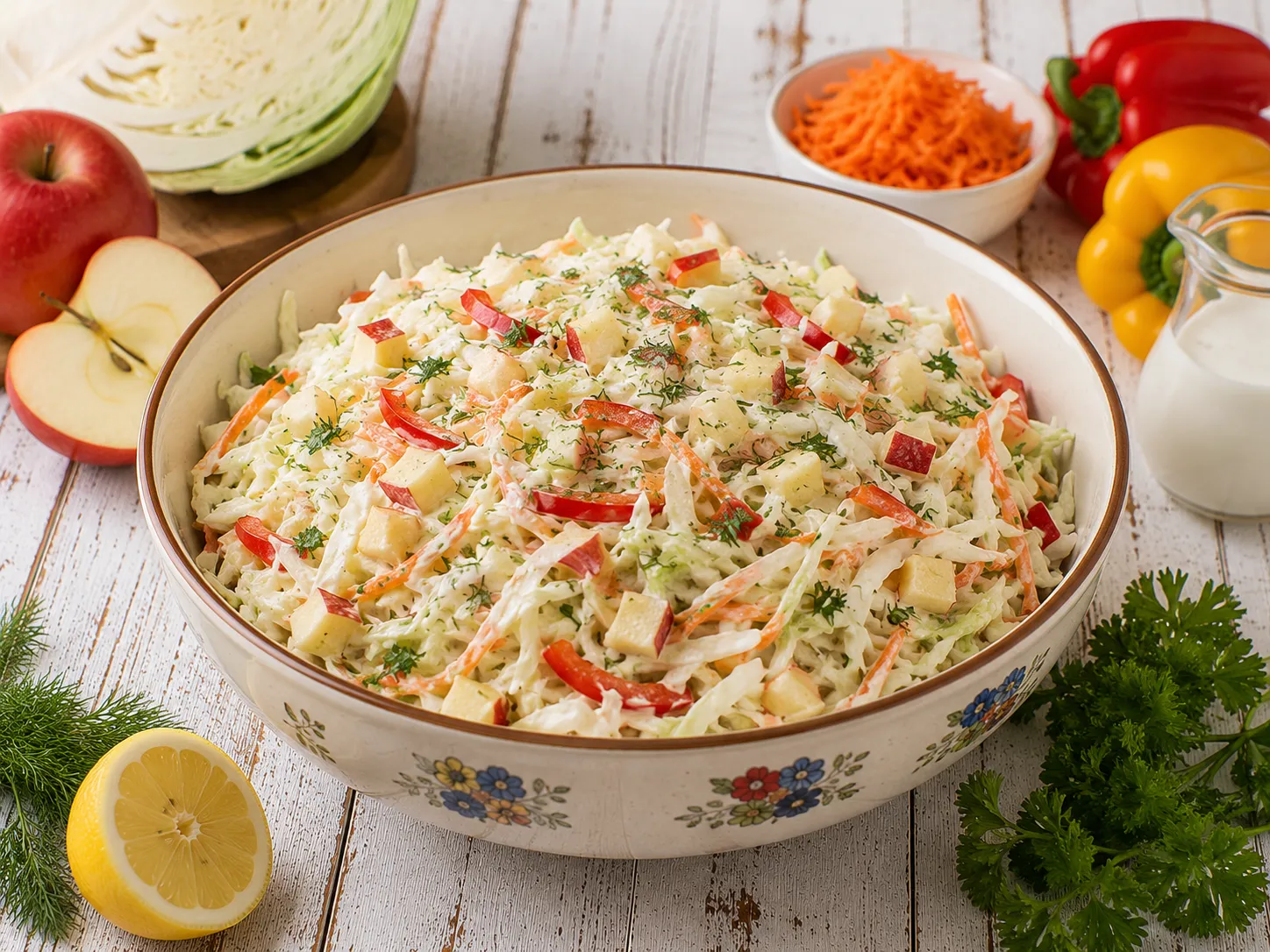 Cremiger Weißkrautsalat mit Apfel, Möhren und Paprika in einer großen Schüssel.