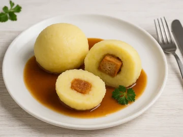 Zwei Vogtländer Klöße mit Semmelfüllung auf weißem Teller, serviert mit Soße und Petersilie