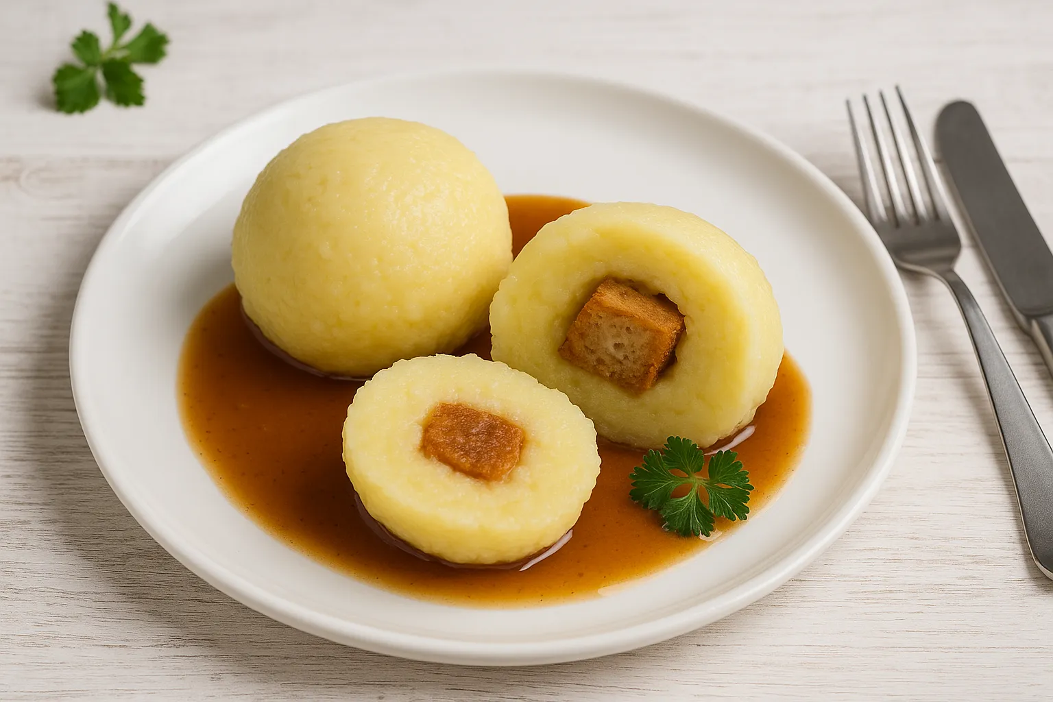 Zwei Vogtländer Klöße mit Semmelfüllung auf weißem Teller, serviert mit Soße und Petersilie