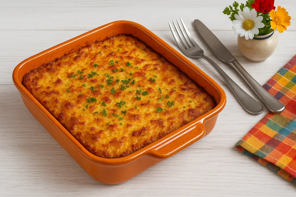  Kartoffelauflauf mit Sellerie und Zwiebeln in orangefarbener Auflaufform auf weißem Holztisch, dekoriert mit Besteck, Küchentuch und Blumen.