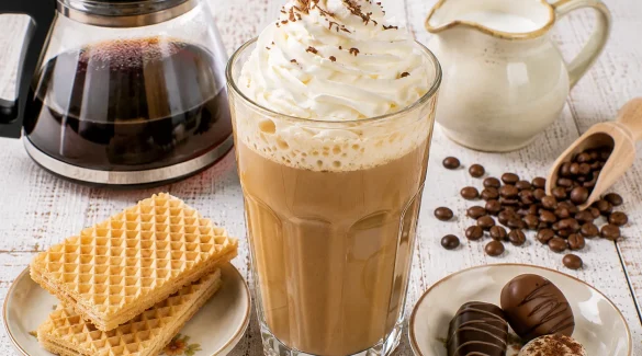 Eiskaffee mit Sahnehaube in einem hohen Glas und Waffeln.