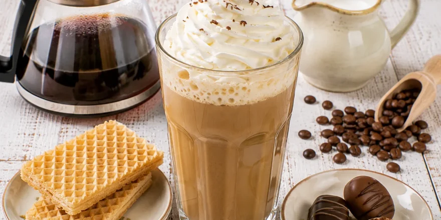 Eiskaffee mit Sahnehaube in einem hohen Glas und Waffeln.