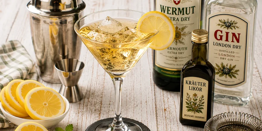Cocktail aus Gin, Wermut und Kräuterlikör mit Zitronenscheibe in einem eleganten Glas.
