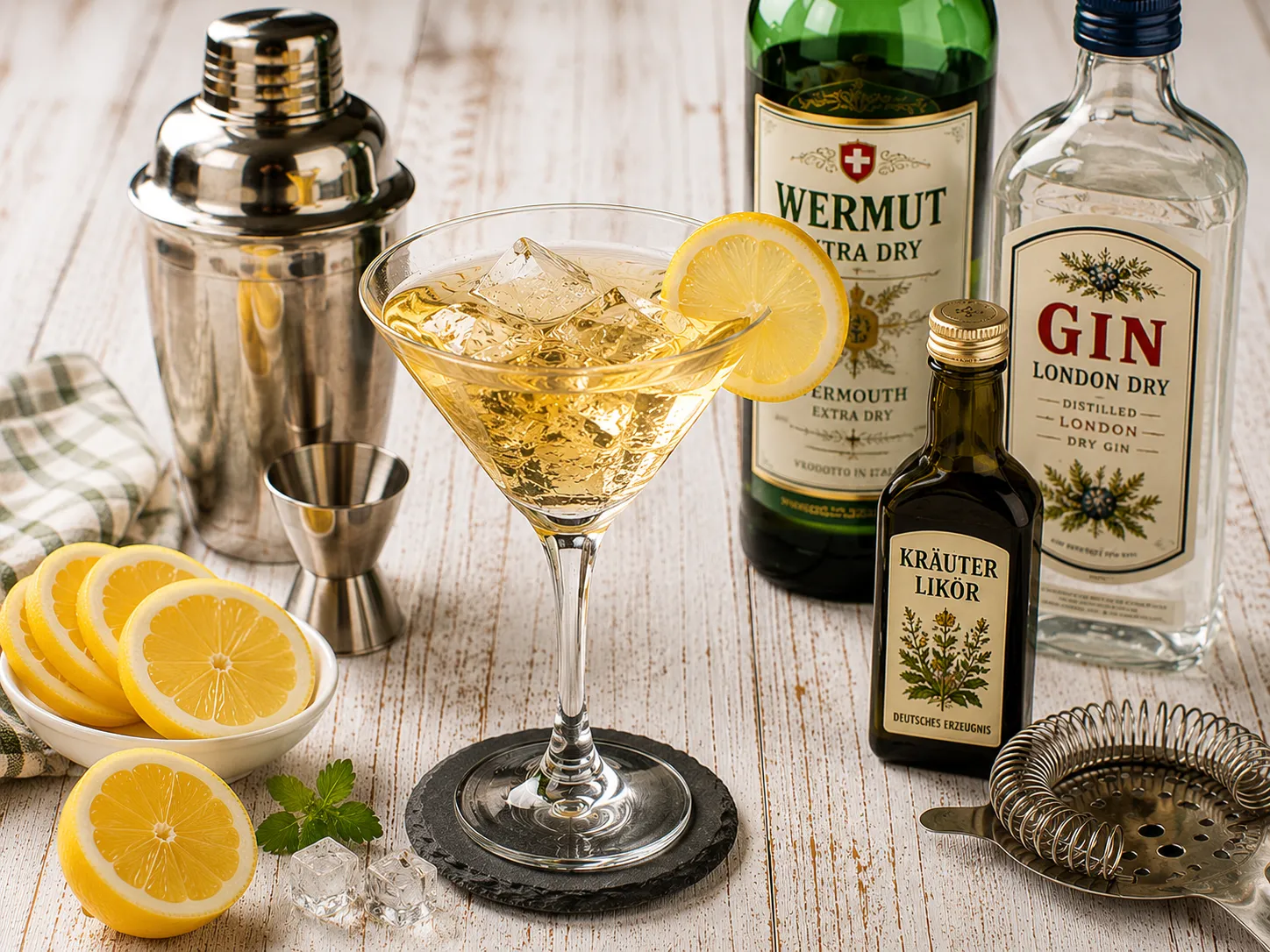Cocktail aus Gin, Wermut und Kräuterlikör mit Zitronenscheibe in einem eleganten Glas.