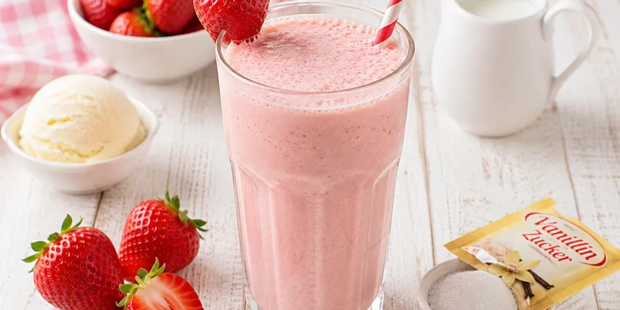 Cremiger Erdbeer-Milchshake mit Vanilleeis in einem hohen Glas.