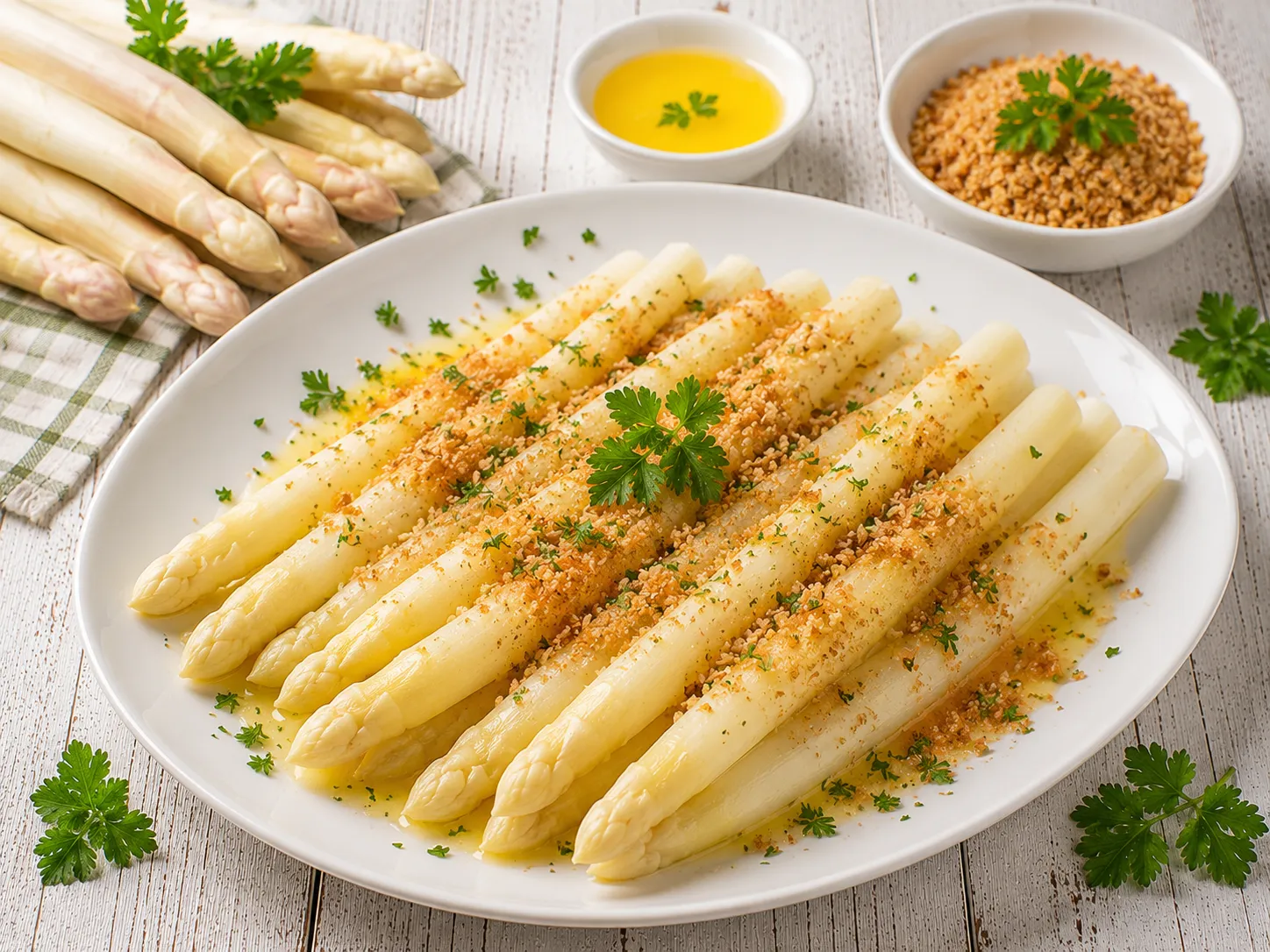 Gekochter weißer Spargel mit Butter und gerösteten Semmelbröseln auf einer Servierplatte.