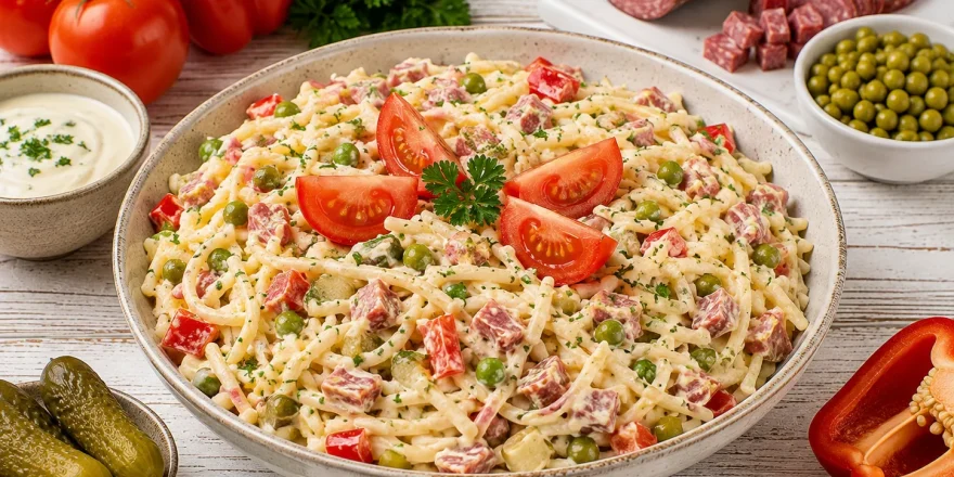Cremiger Spaghettisalat mit Salami, Erbsen, Paprika und Tomaten.