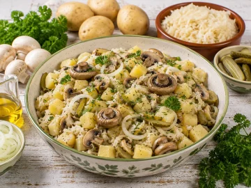 Kartoffelsalat mit Pilzen, Sauerkraut und Salzgurken in einer großen Schüssel.