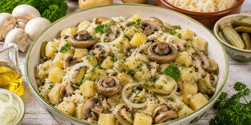 Kartoffelsalat mit Pilzen, Sauerkraut und Salzgurken in einer großen Schüssel.