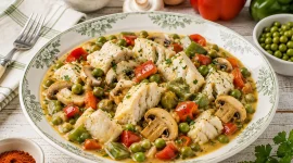 Cremiges Gemüsepaprikasch mit Fisch, Pilzen, Paprika und Erbsen.