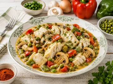 Cremiges Gemüsepaprikasch mit Fisch, Pilzen, Paprika und Erbsen.