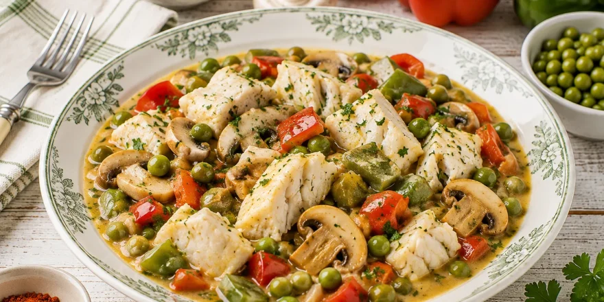 Cremiges Gemüsepaprikasch mit Fisch, Pilzen, Paprika und Erbsen.