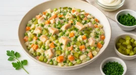 Räucherfischsalat mit Gemüse, Kräutern und cremiger Soße in heller Schüssel auf weißem Holzhintergrund