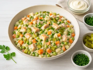 Räucherfischsalat mit Gemüse, Kräutern und cremiger Soße in heller Schüssel auf weißem Holzhintergrund