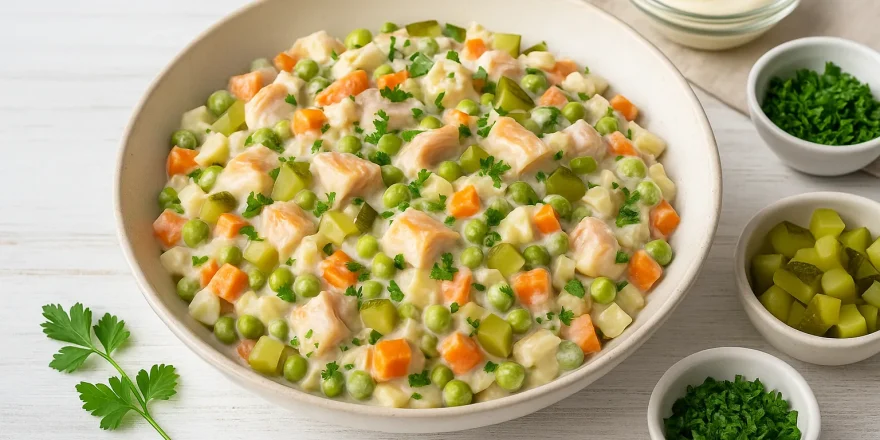 Räucherfischsalat mit Gemüse, Kräutern und cremiger Soße in heller Schüssel auf weißem Holzhintergrund