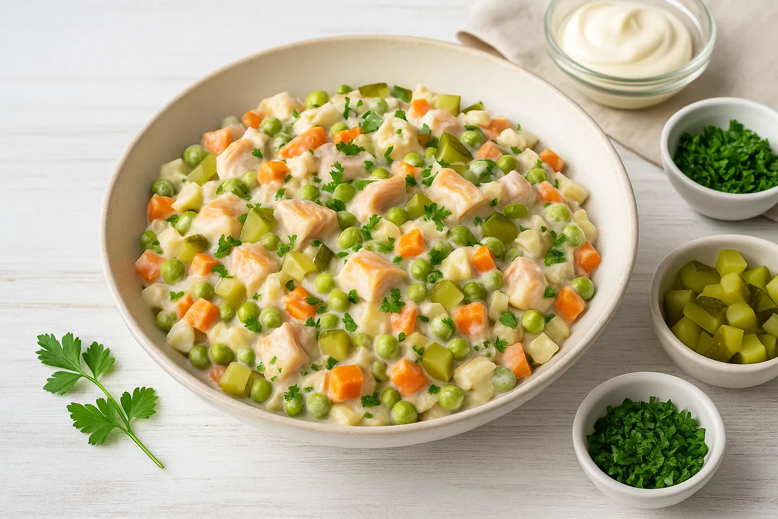 Räucherfischsalat mit Gemüse, Kräutern und cremiger Soße in heller Schüssel auf weißem Holzhintergrund