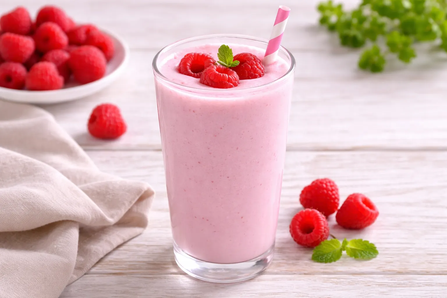 Himbeer-Buttermilch mit frischen Himbeeren in einem Glas auf hellem Holztisch