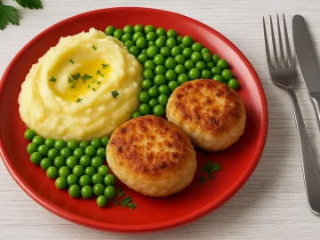 Goldbraune Hühnerfleischbuletten serviert auf rotem Teller mit Kartoffelbrei, Buttererbsen und zerlassener Butter