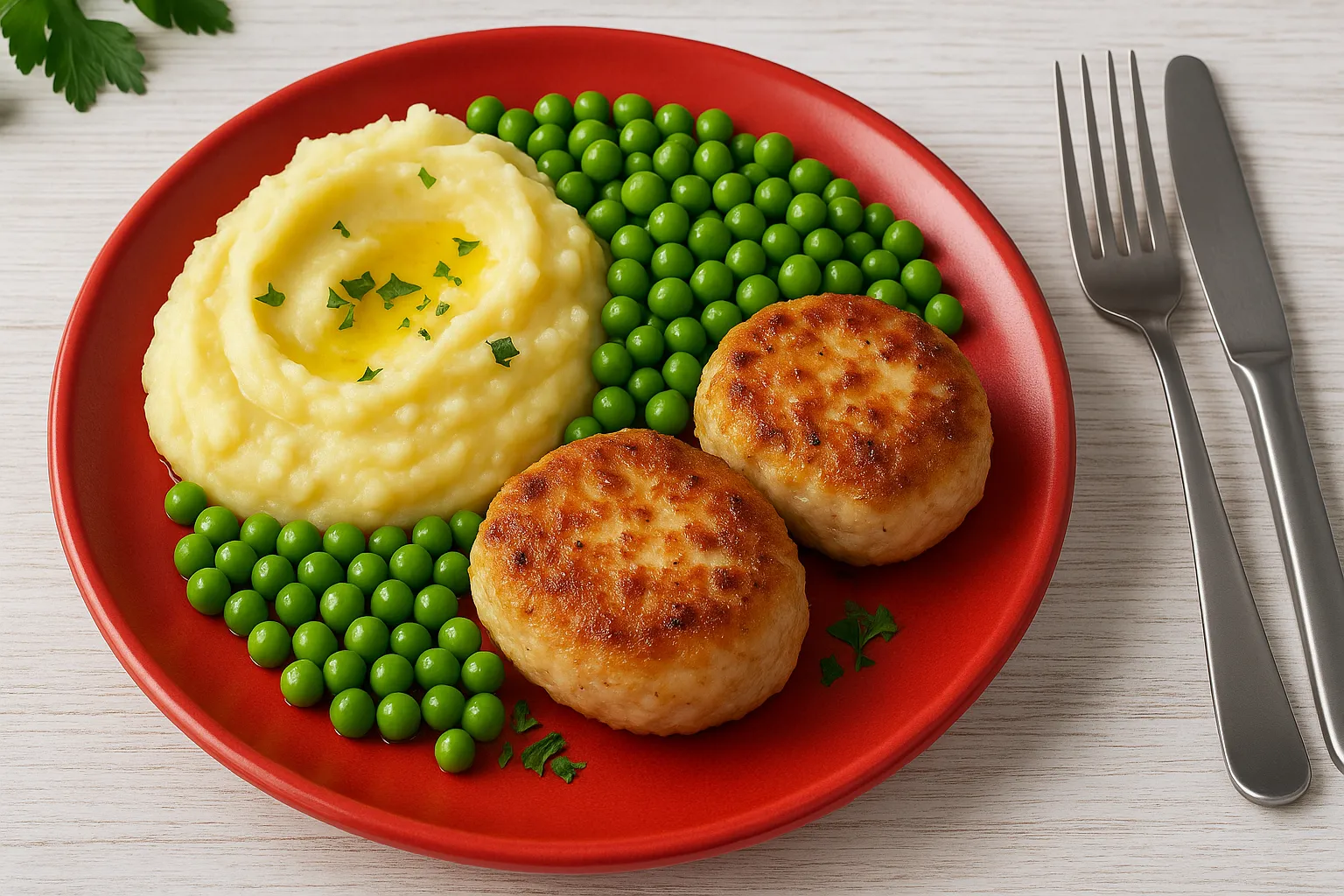 Goldbraune Hühnerfleischbuletten serviert auf rotem Teller mit Kartoffelbrei, Buttererbsen und zerlassener Butter
