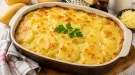 Goldbraun überbackener Kartoffel-Käse-Auflauf in einer Auflaufform.