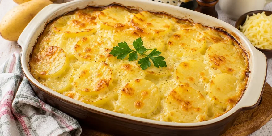 Goldbraun überbackener Kartoffel-Käse-Auflauf in einer Auflaufform.