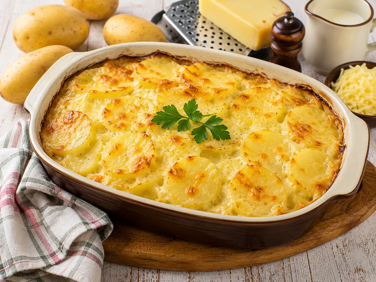 Goldbraun überbackener Kartoffel-Käse-Auflauf in einer Auflaufform.