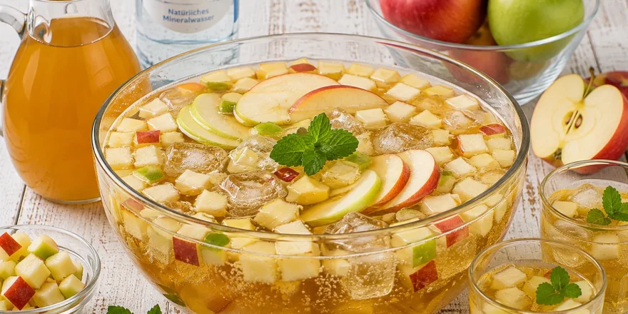 Große Glasschüssel mit Kinder-Apfelbowle und frischen Apfelstücken.