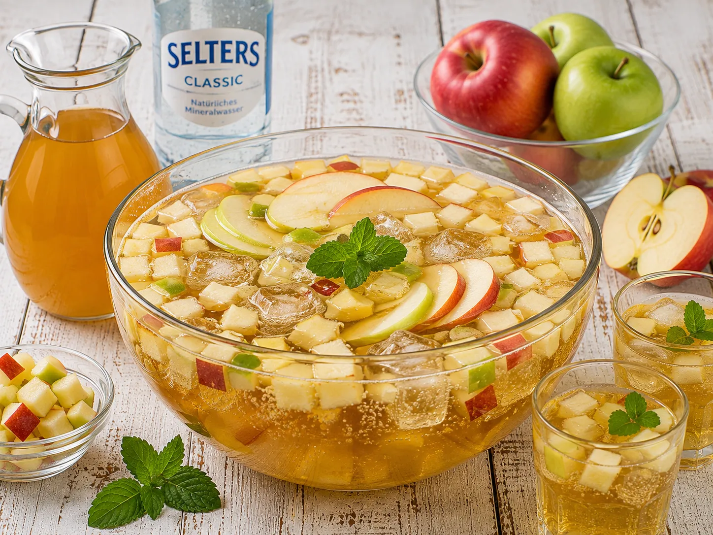 Große Glasschüssel mit Kinder-Apfelbowle und frischen Apfelstücken.