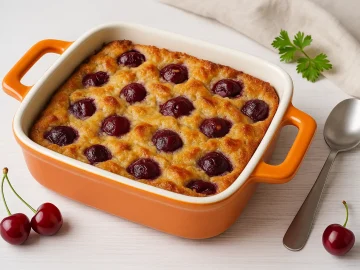 Kirschpfanne in orangefarbener Auflaufform, frisch gebacken mit goldbrauner Kruste, dekoriert mit Kirschen