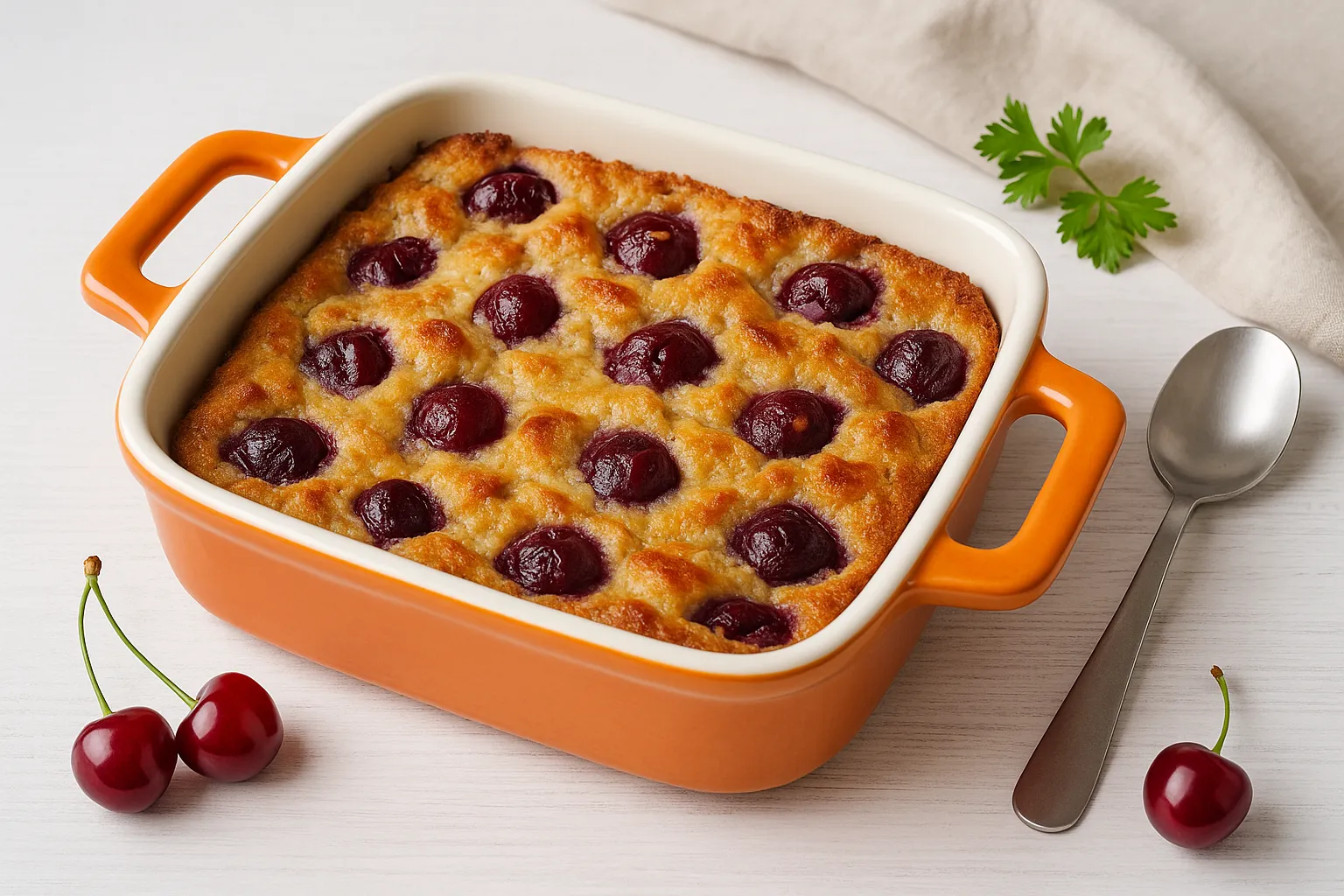 Kirschpfanne in orangefarbener Auflaufform, frisch gebacken mit goldbrauner Kruste, dekoriert mit Kirschen