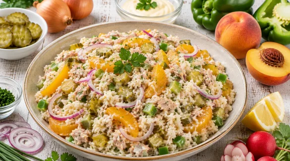 Reissalat mit Thunfisch, Pfirsichen, Paprika und Gewürzgurken in einer Schüssel.