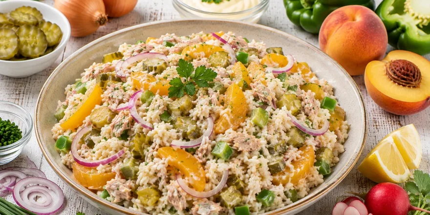 Reissalat mit Thunfisch, Pfirsichen, Paprika und Gewürzgurken in einer Schüssel.