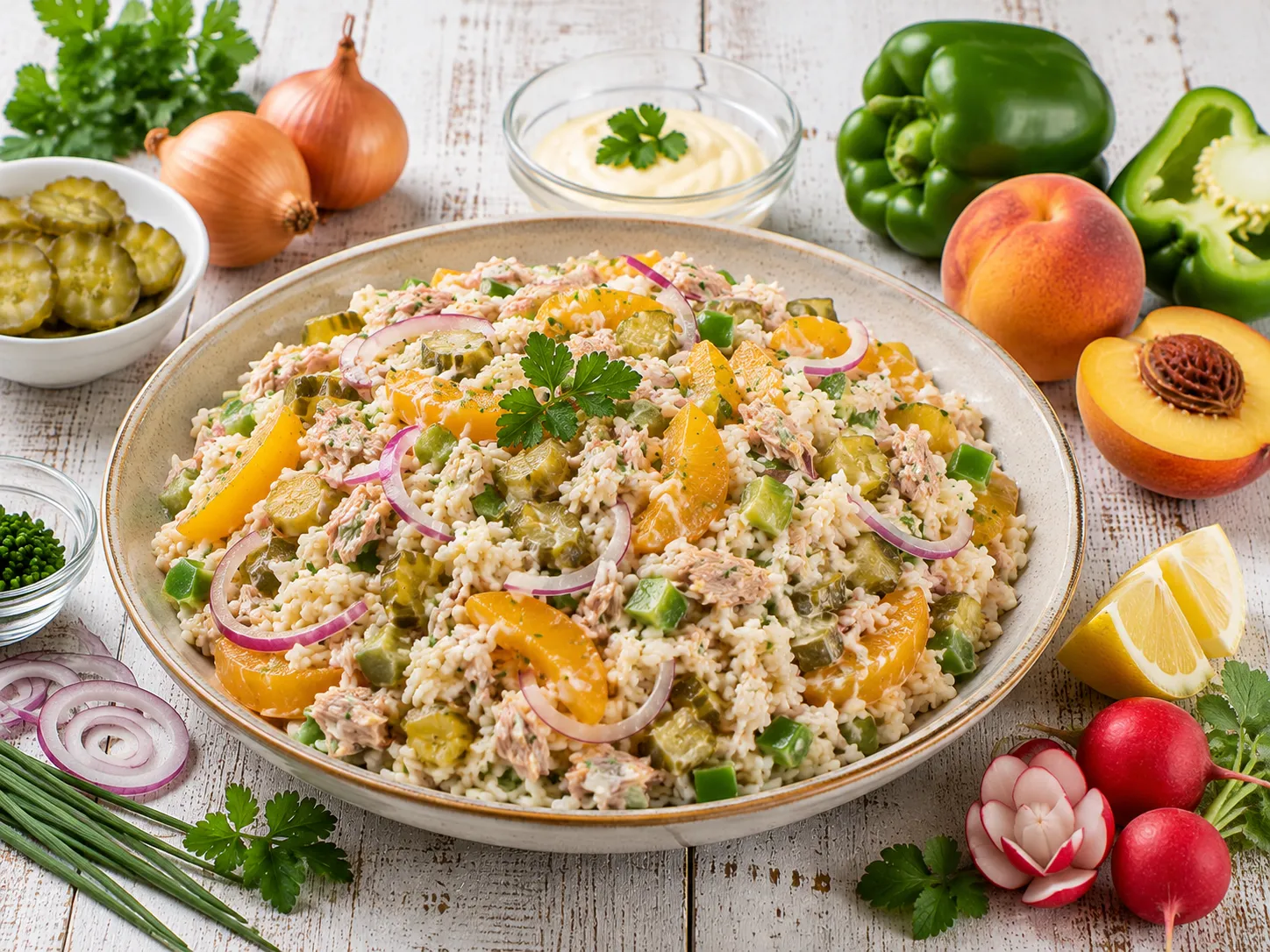 Reissalat mit Thunfisch, Pfirsichen, Paprika und Gewürzgurken in einer Schüssel.