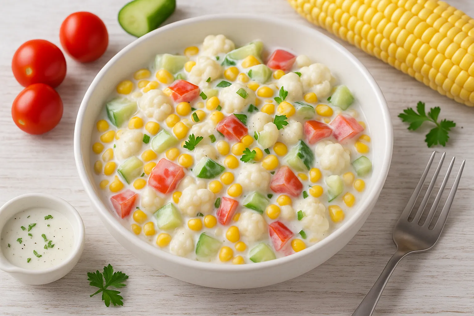 Schüssel mit Mais-Gemüse-Salat aus Mais, Gurken, Tomaten und Blumenkohl in cremiger Sahnesoße auf hellem Holztisch.