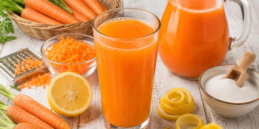 Frisch gepresster Möhrensaft mit Zitrone in einem hohen Glas.
