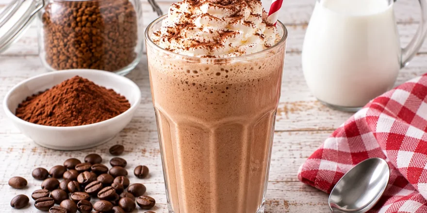 Cremiger Mokka-Milch-Shake mit Sahne und Kakaopulver in einem hohen Glas.