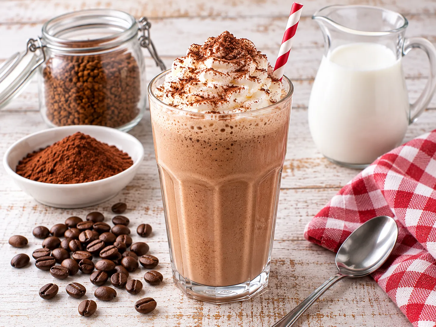 Cremiger Mokka-Milch-Shake mit Sahne und Kakaopulver in einem hohen Glas.