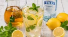 Erfrischender Pfefferminzsprudel mit Eiswürfeln, Zitronenscheiben und frischer Minze.