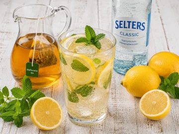 Erfrischender Pfefferminzsprudel mit Eiswürfeln, Zitronenscheiben und frischer Minze.