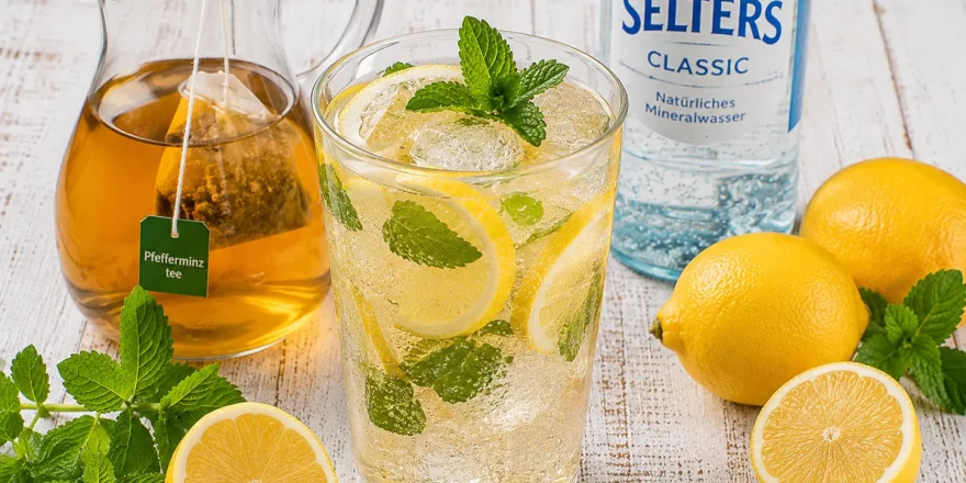 Erfrischender Pfefferminzsprudel mit Eiswürfeln, Zitronenscheiben und frischer Minze.