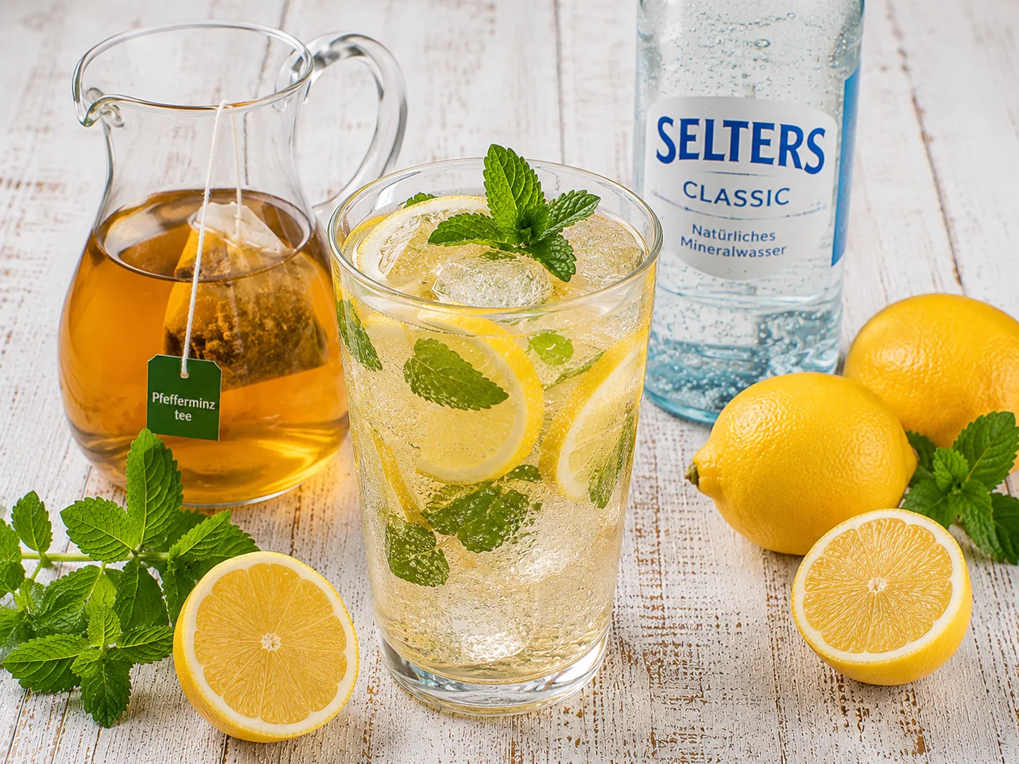 Erfrischender Pfefferminzsprudel mit Eiswürfeln, Zitronenscheiben und frischer Minze.