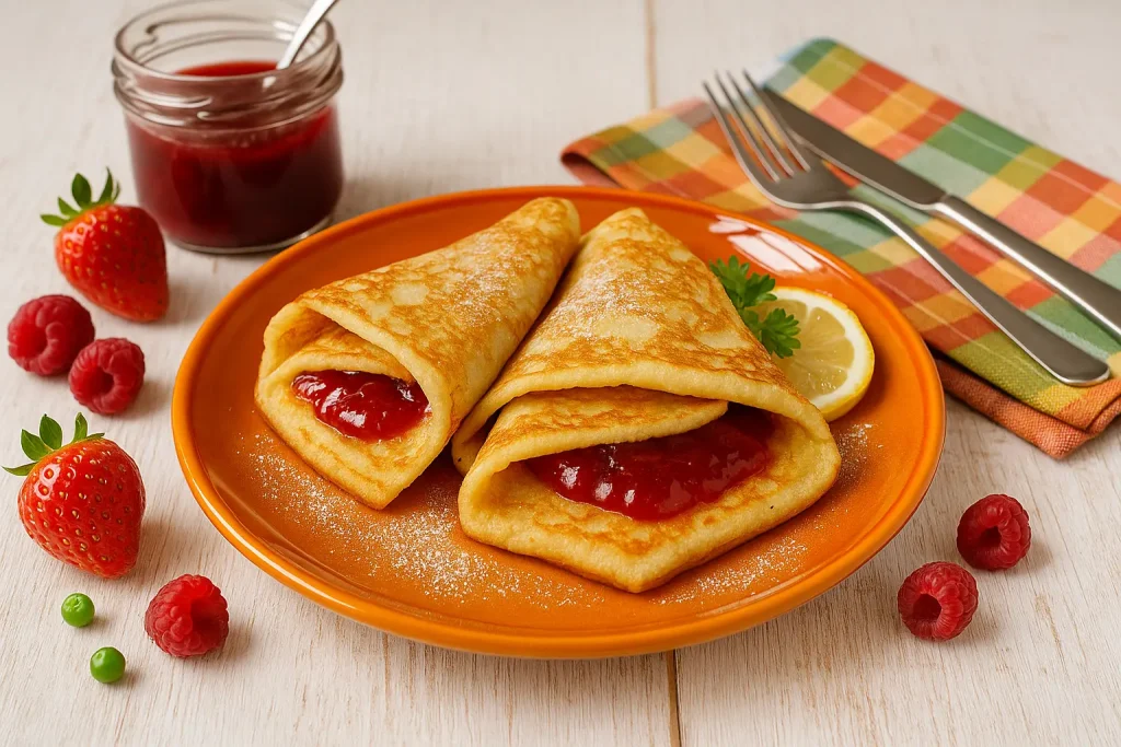  Goldbraune Plattenhopser mit Marmelade auf orangenem Teller, dekoriert mit Beeren, Marmeladenglas und Besteck auf weißem Holz.