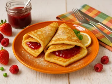 Goldbraune Plattenhopser mit Marmelade auf orangenem Teller, dekoriert mit Beeren, Marmeladenglas und Besteck auf weißem Holz.