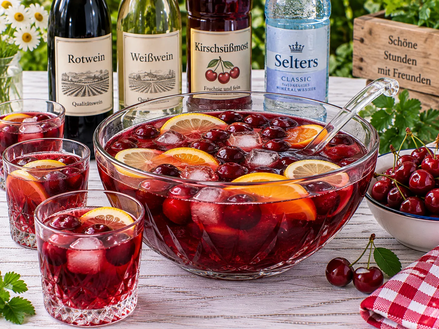 Fruchtige rote Bowle mit Kirschen in einer großen Glasschüssel.