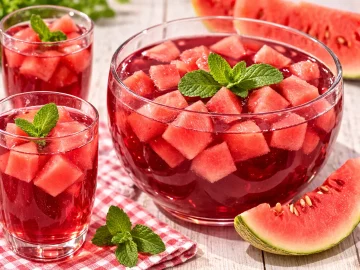 Rote Melonenbowle mit Melonenwürfeln in Glas auf hellem Holztisch